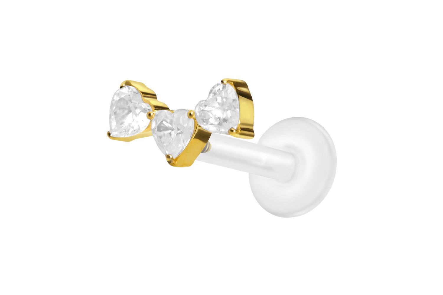 PTFE Labret Piercing mit Innengewinde + Titan-Aufsatz 3 KRISTALLHERZEN